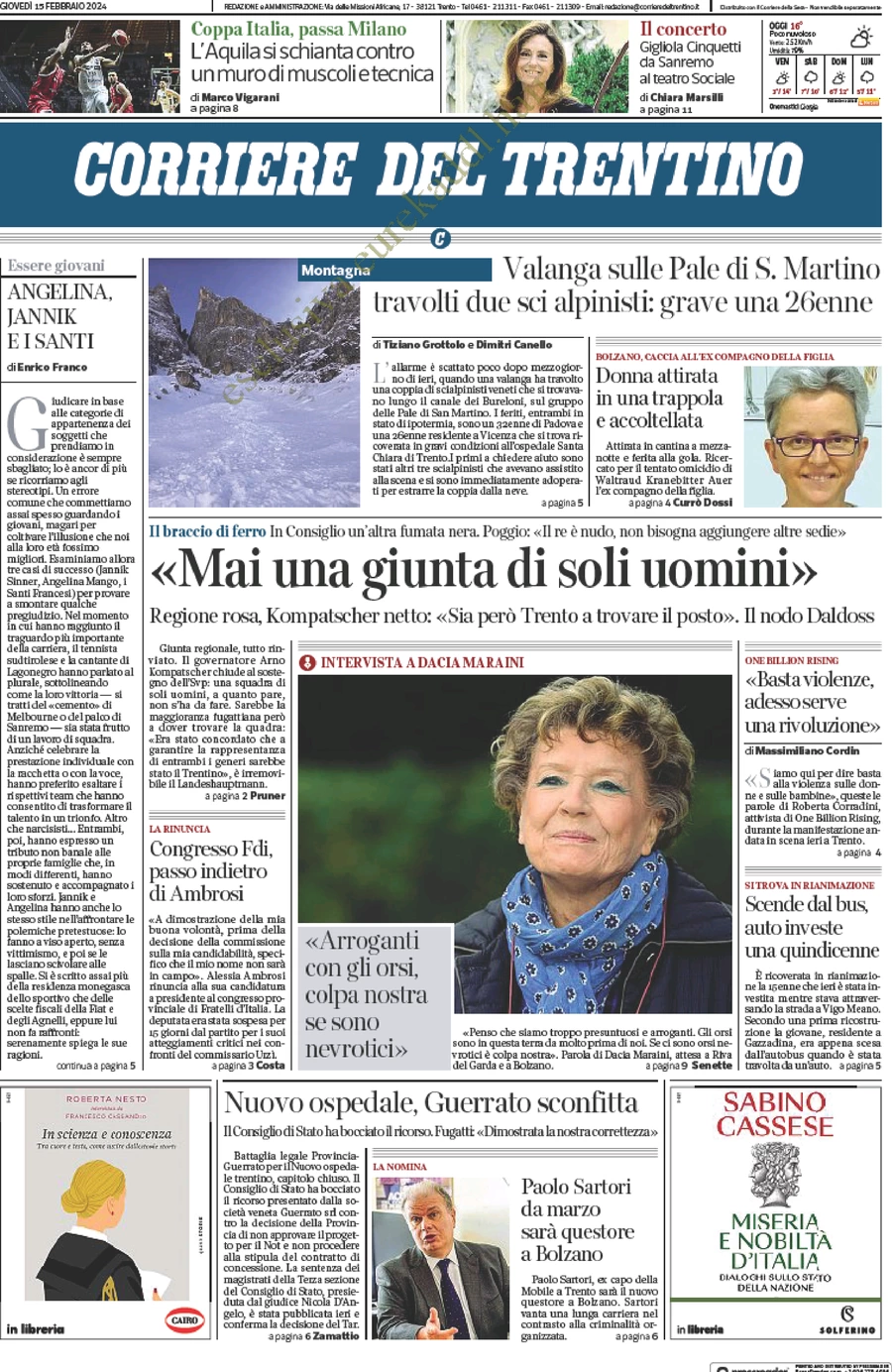 anteprima della prima pagina di corriere-del-trentino del 15/02/2024