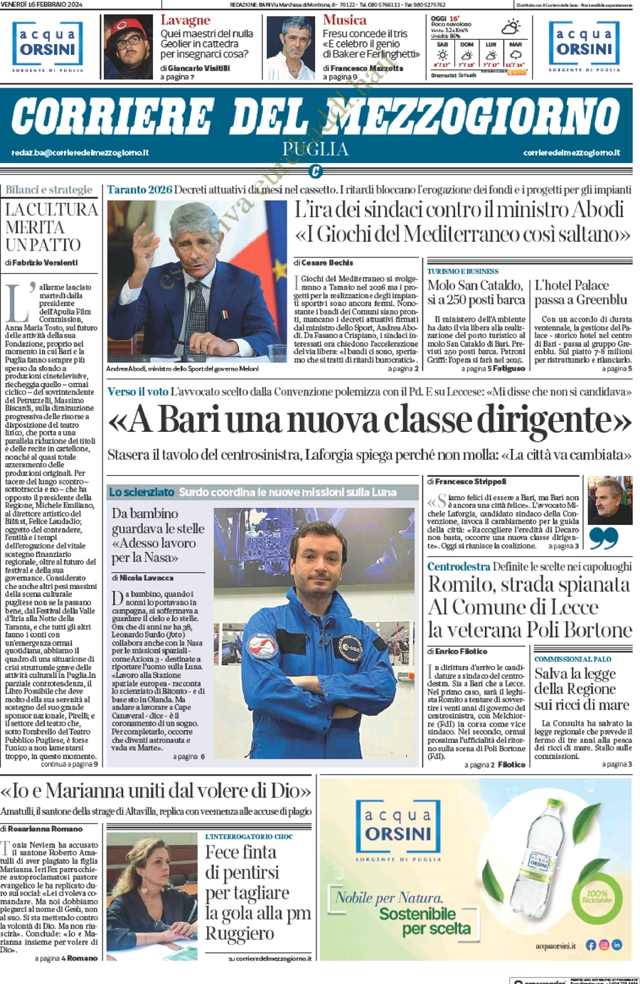 anteprima della prima pagina di corriere-del-mezzogiorno-puglia del 16/02/2024