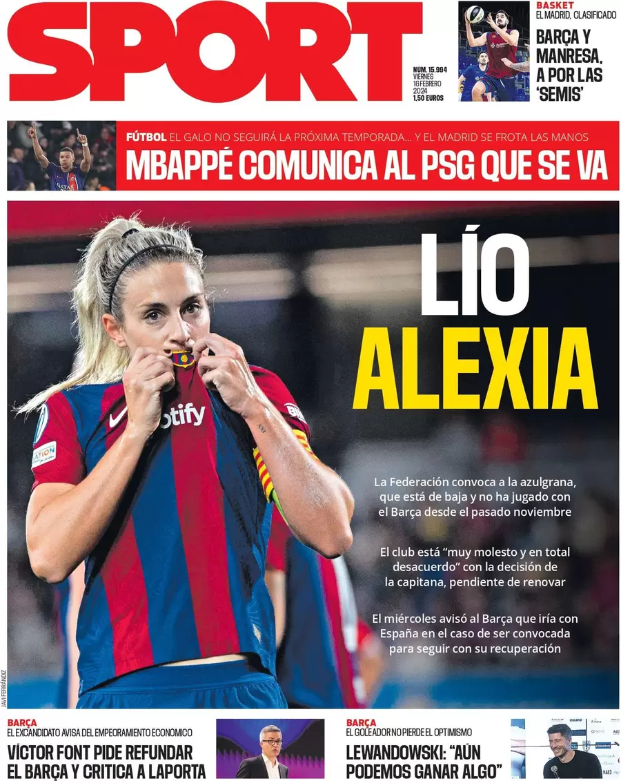 anteprima della prima pagina di sport-barcelona del 16/02/2024