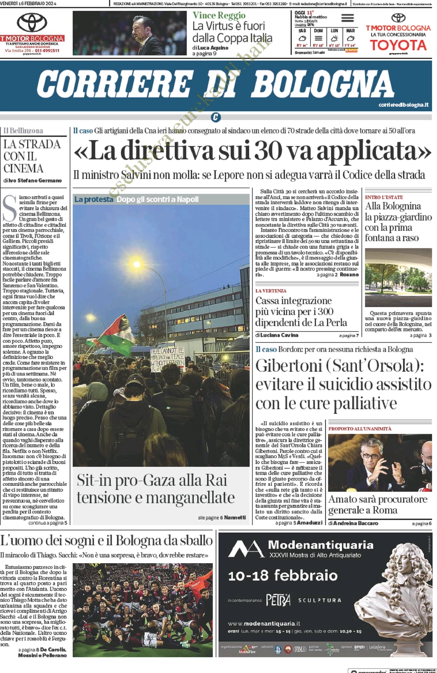 anteprima della prima pagina di corriere-di-bologna del 16/02/2024