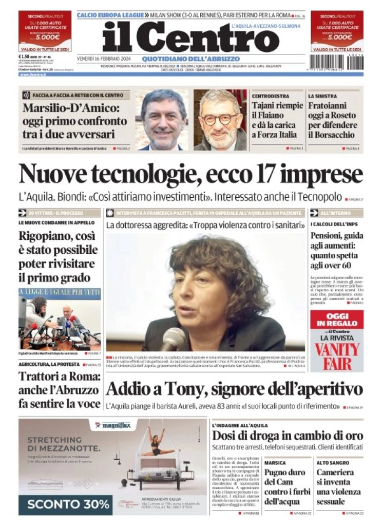 prima pagina - Il Centro (L'Aquila) del 16/02/2024