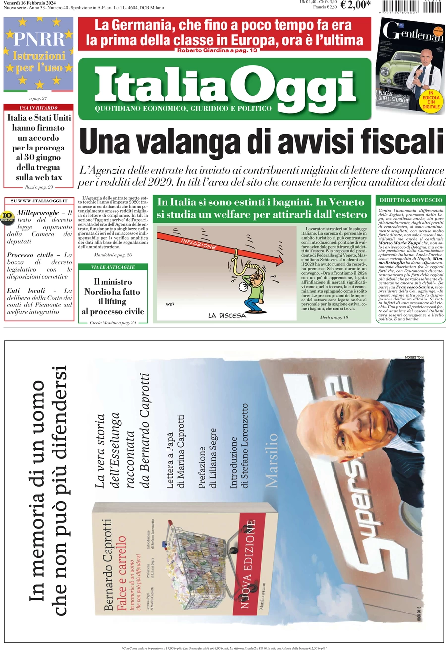 prima pagina - ItaliaOggi del 16/02/2024