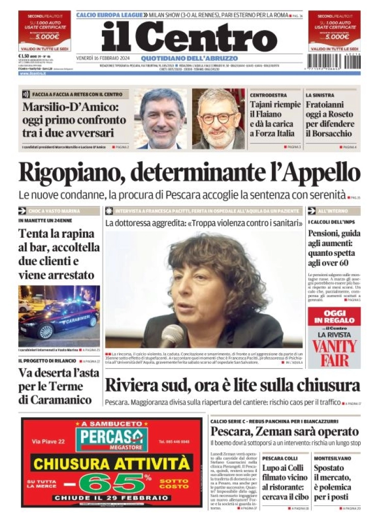 prima pagina - Il Centro (Pescara) del 16/02/2024