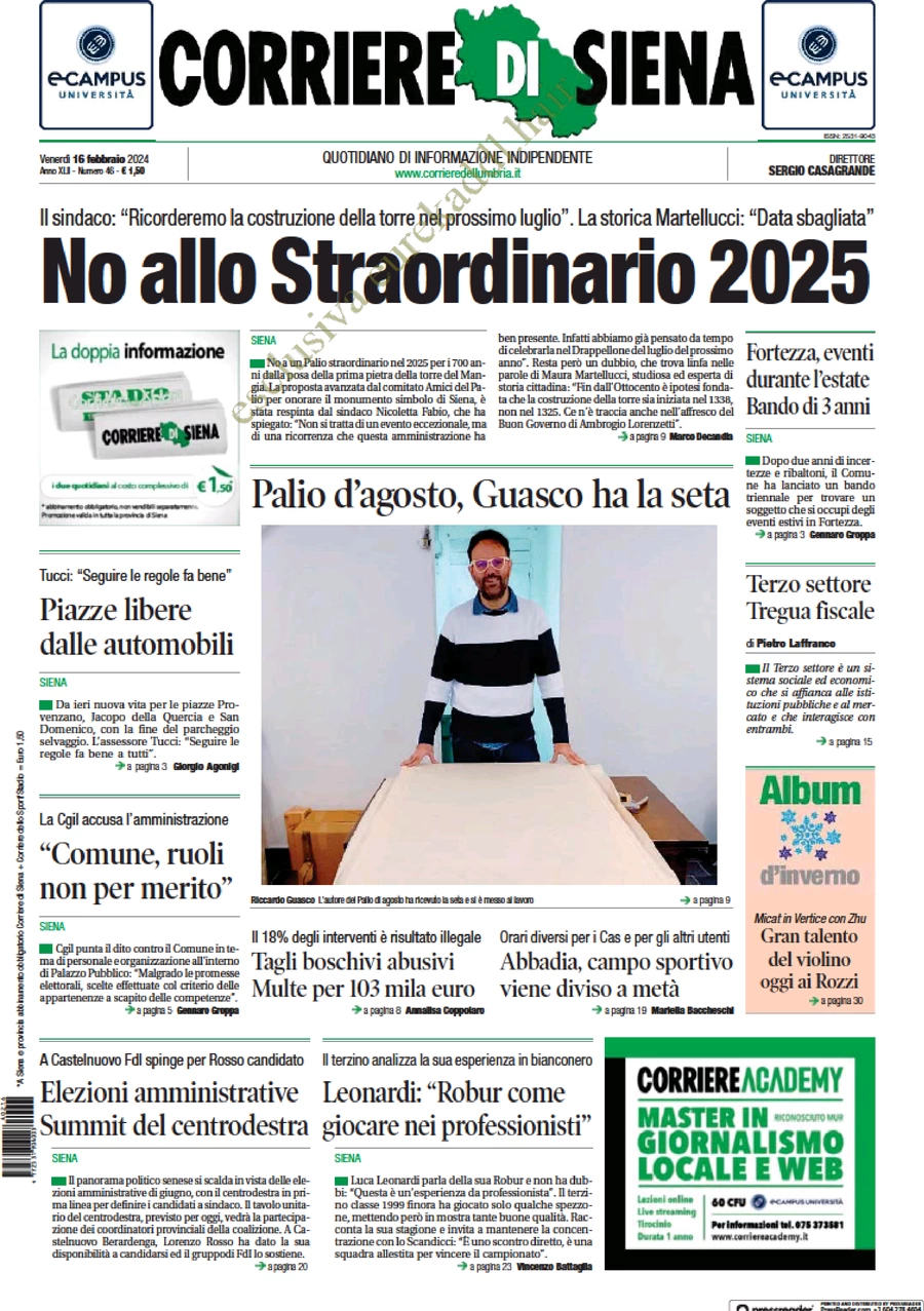 anteprima della prima pagina di corriere-di-siena del 16/02/2024