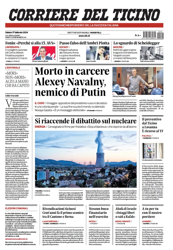 prima pagina - Corriere del Ticino del 16/02/2024