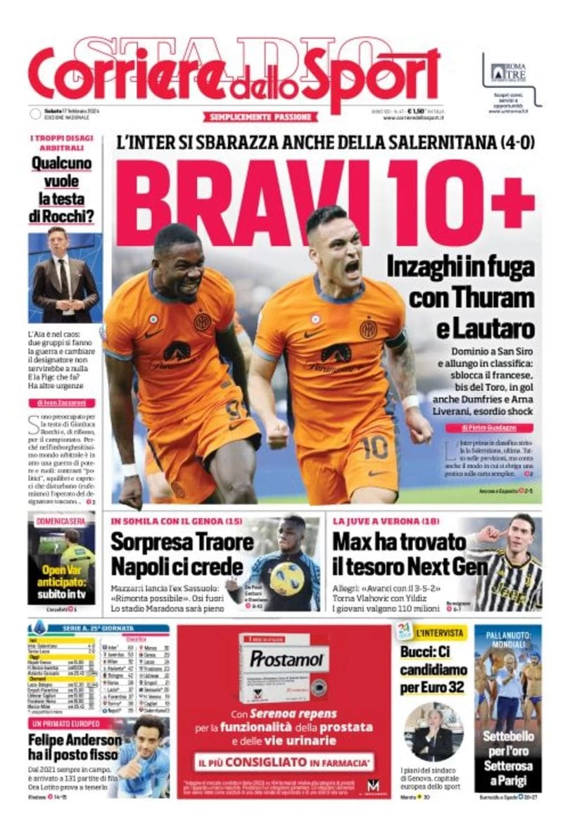 prima pagina - Corriere dello Sport del 16/02/2024