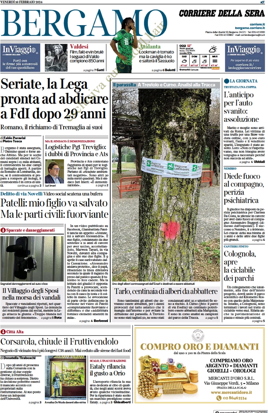 anteprima della prima pagina di corriere-della-sera-bergamo del 16/02/2024