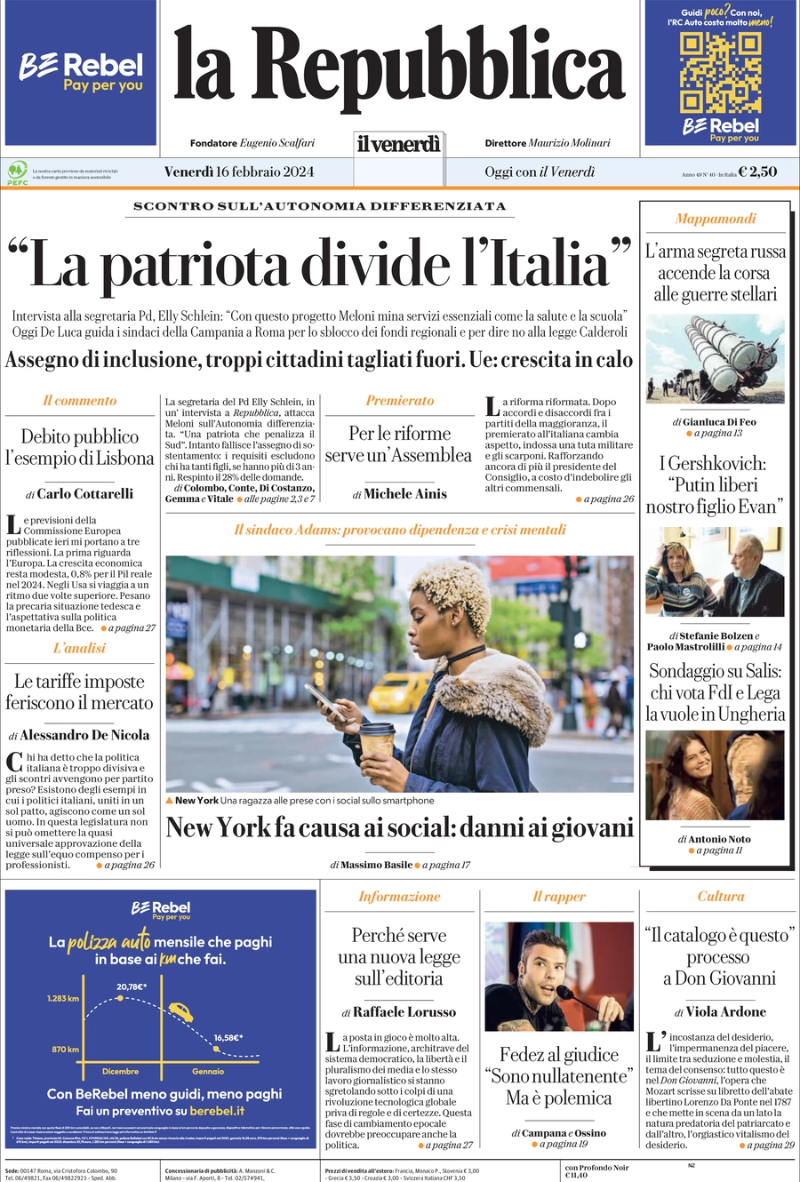 prima pagina - La Repubblica del 16/02/2024