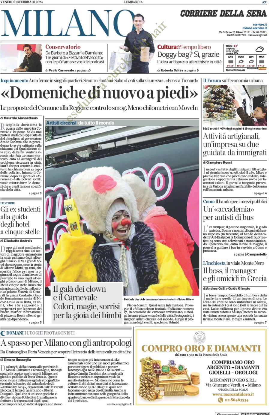 anteprima della prima pagina di corriere-della-sera-milano del 16/02/2024
