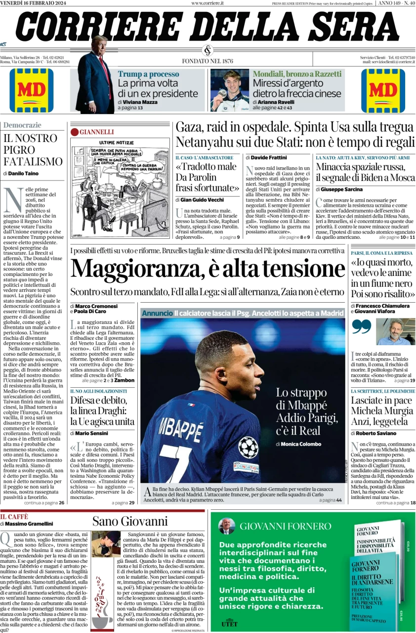 prima pagina - Corriere della Sera del 16/02/2024
