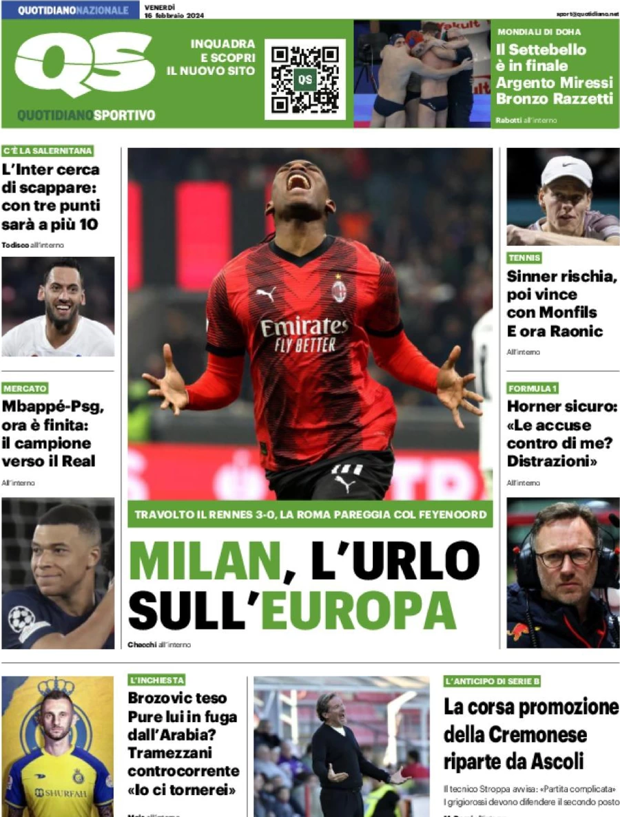 prima pagina - QS Quotidiano Sportivo del 16/02/2024