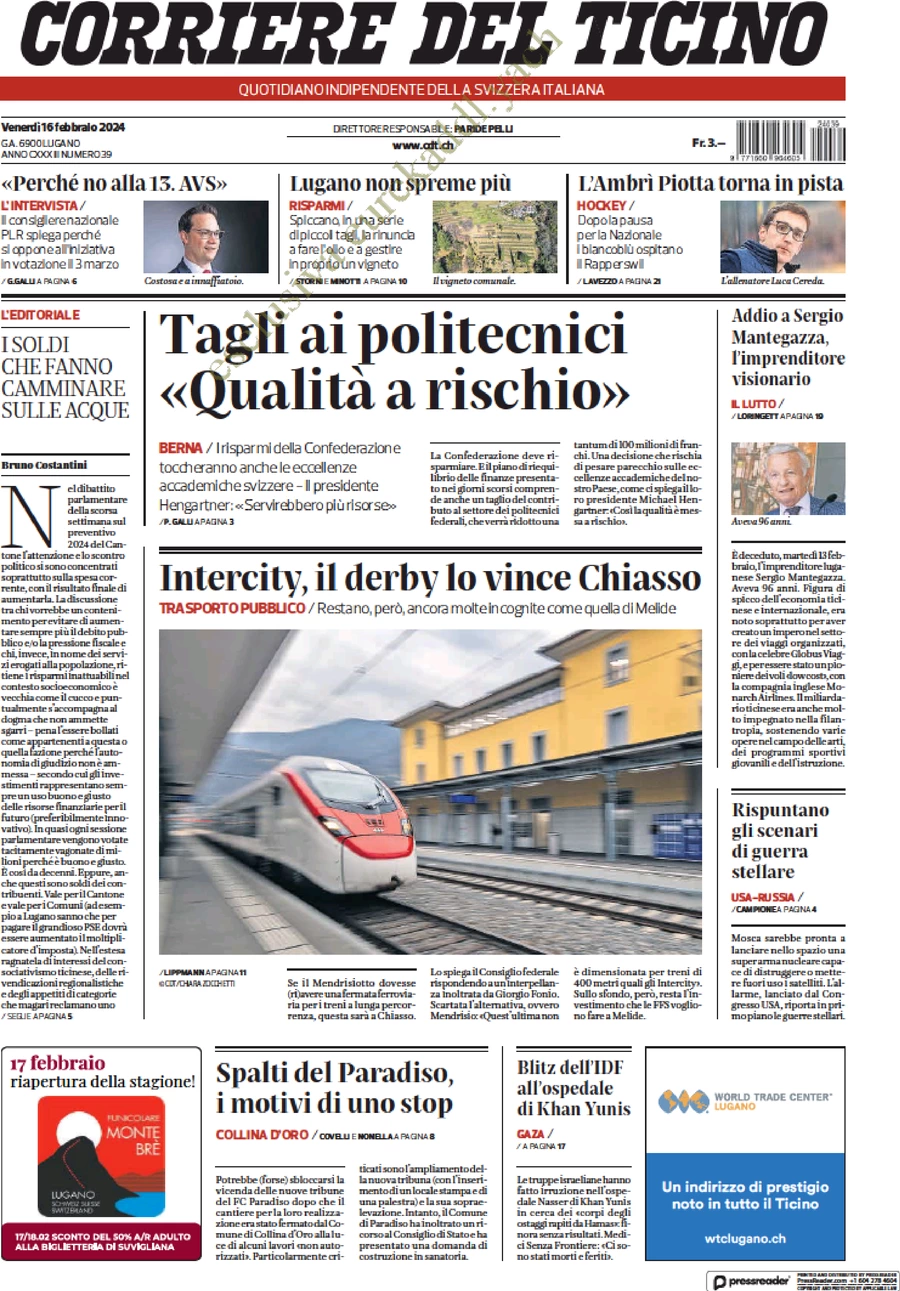prima pagina - Corriere del Ticino del 17/02/2024