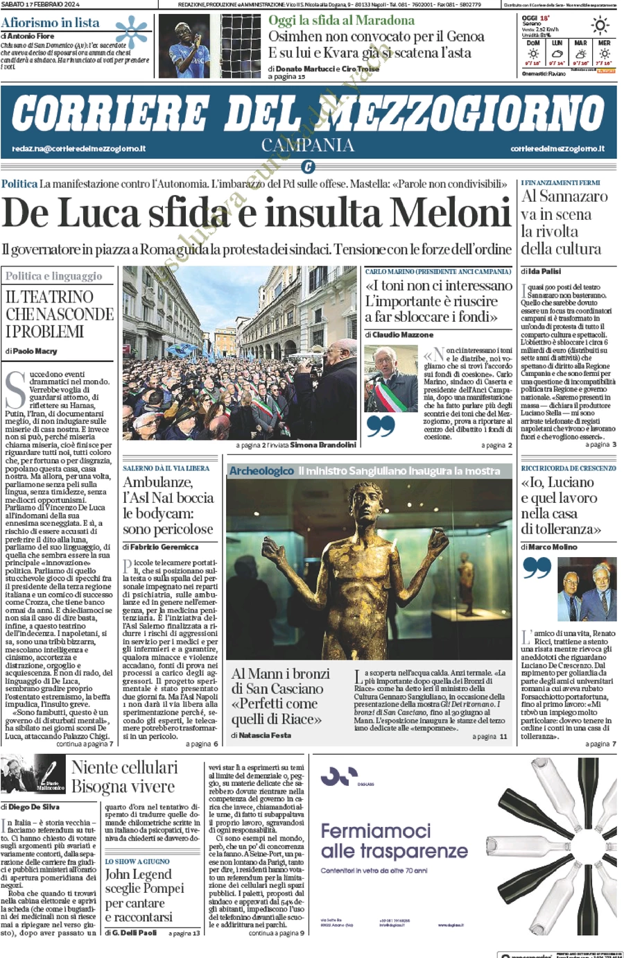 anteprima della prima pagina di corriere-del-mezzogiorno-campania del 17/02/2024
