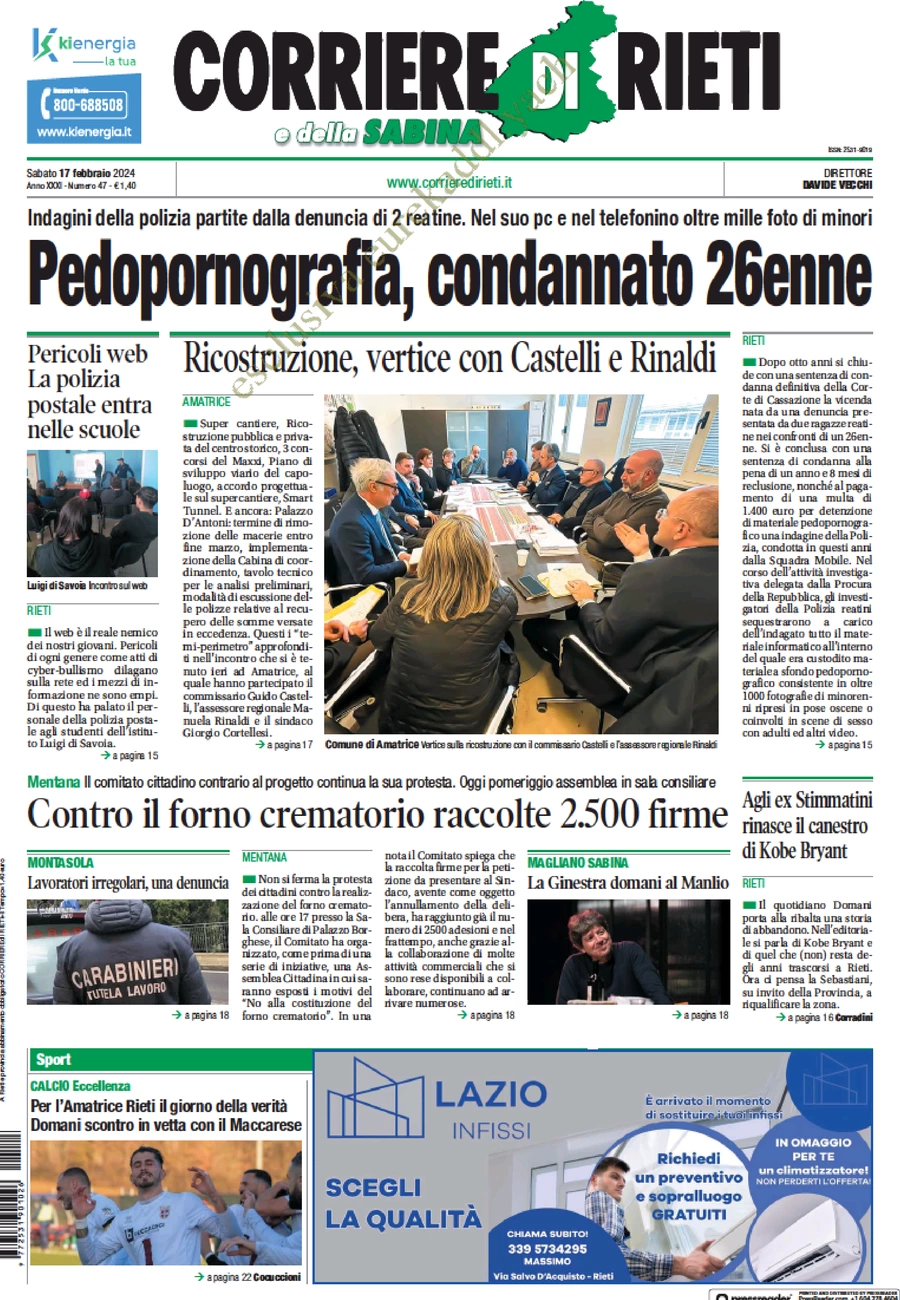 anteprima della prima pagina di corriere-di-rieti-e-della-sabina del 17/02/2024