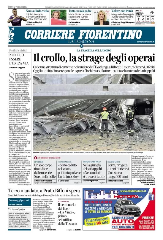 anteprima della prima pagina di corriere-fiorentino del 17/02/2024