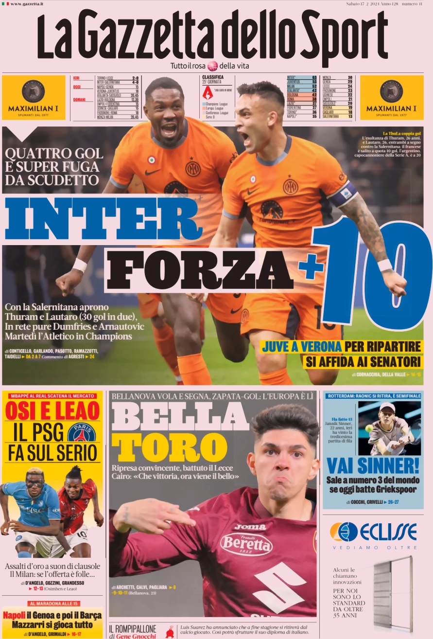 prima pagina - La Gazzetta dello Sport del 17/02/2024