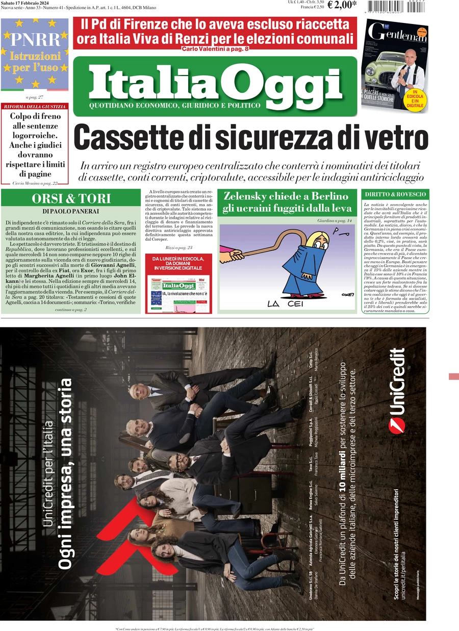 prima pagina - ItaliaOggi del 17/02/2024