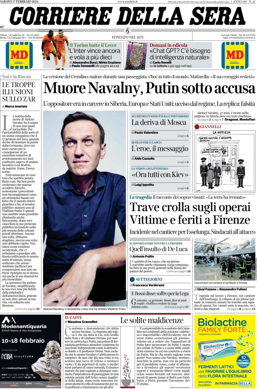 prima pagina - Corriere della Sera del 17/02/2024