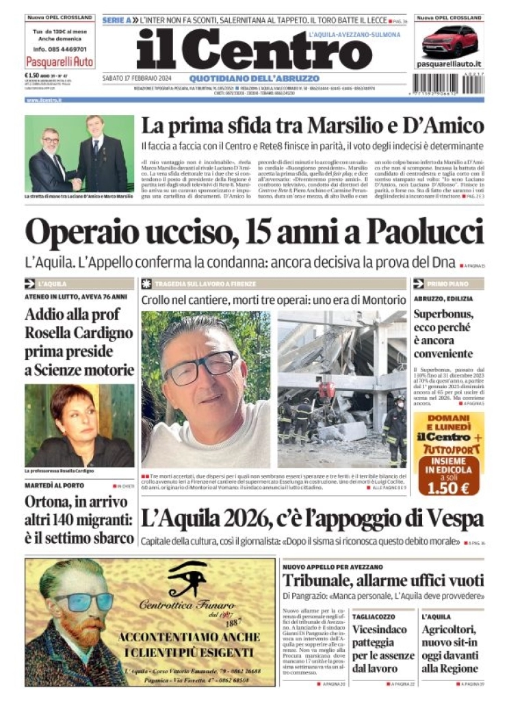 prima pagina - Il Centro (L'Aquila) del 17/02/2024
