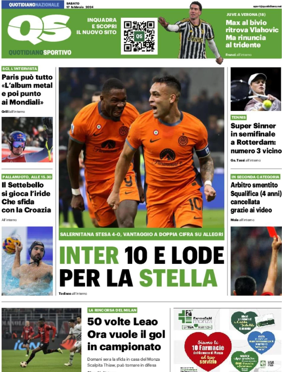 prima pagina - QS Quotidiano Sportivo del 17/02/2024
