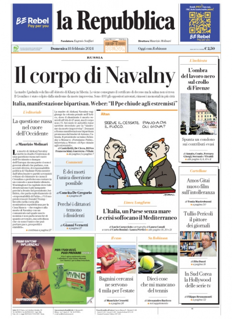 prima pagina - La Repubblica del 17/02/2024