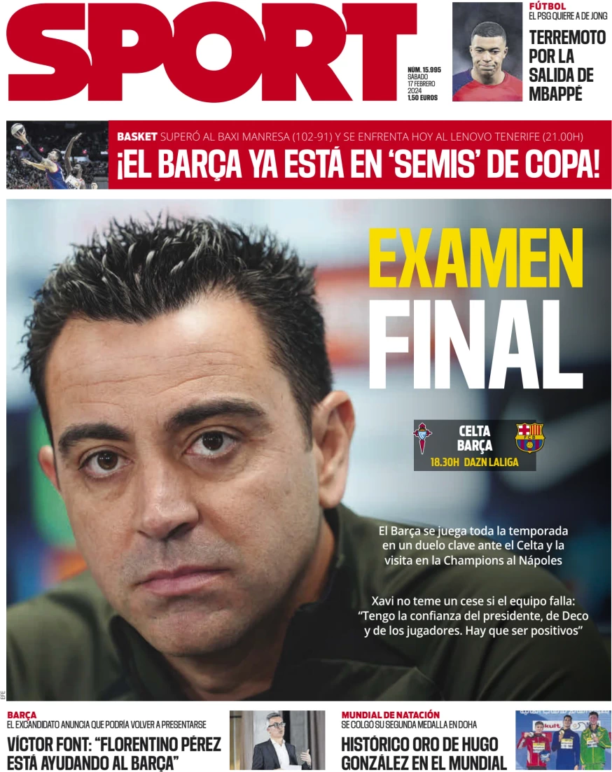 anteprima della prima pagina di sport-barcelona del 17/02/2024