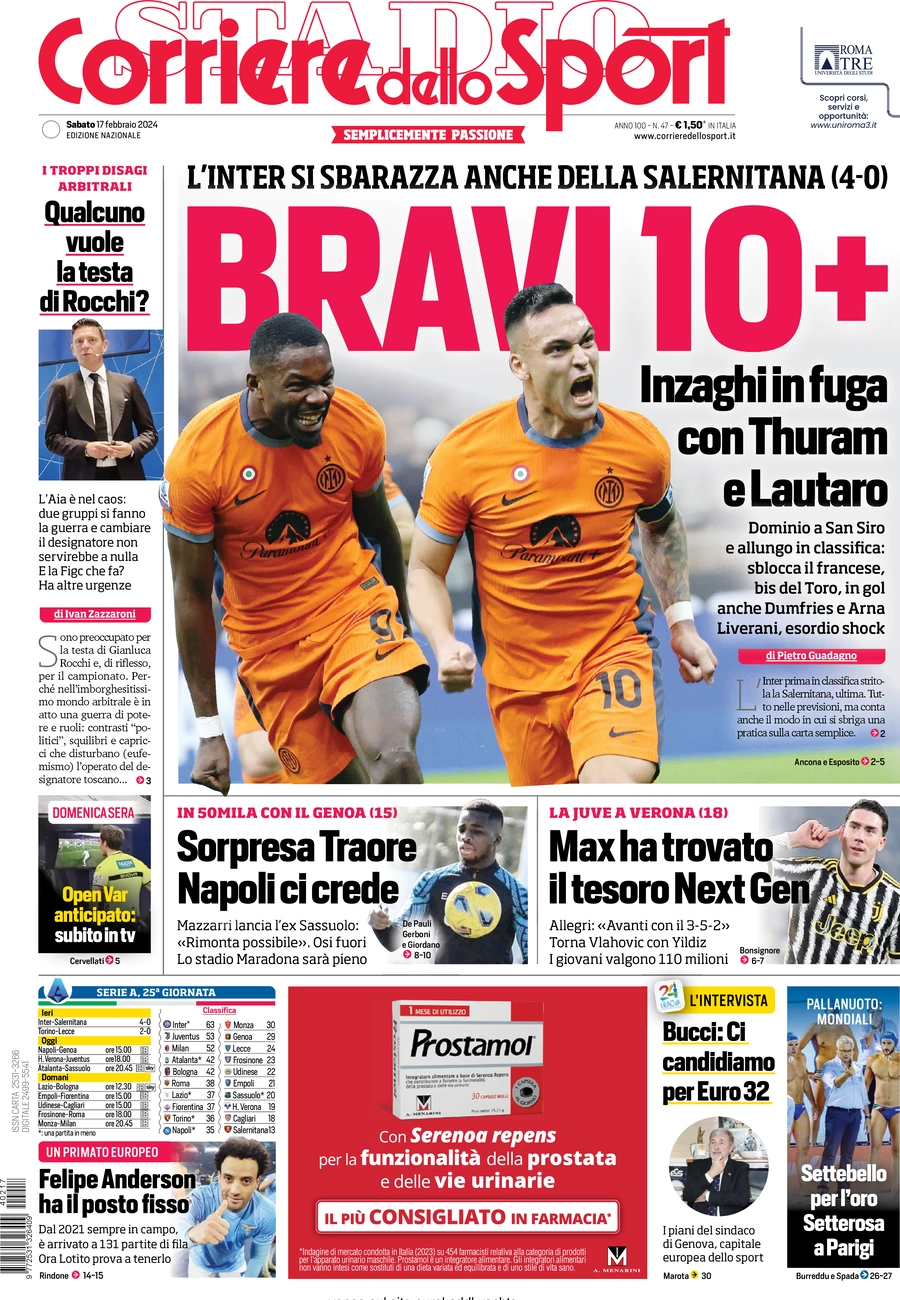 prima pagina - Corriere dello Sport del 17/02/2024