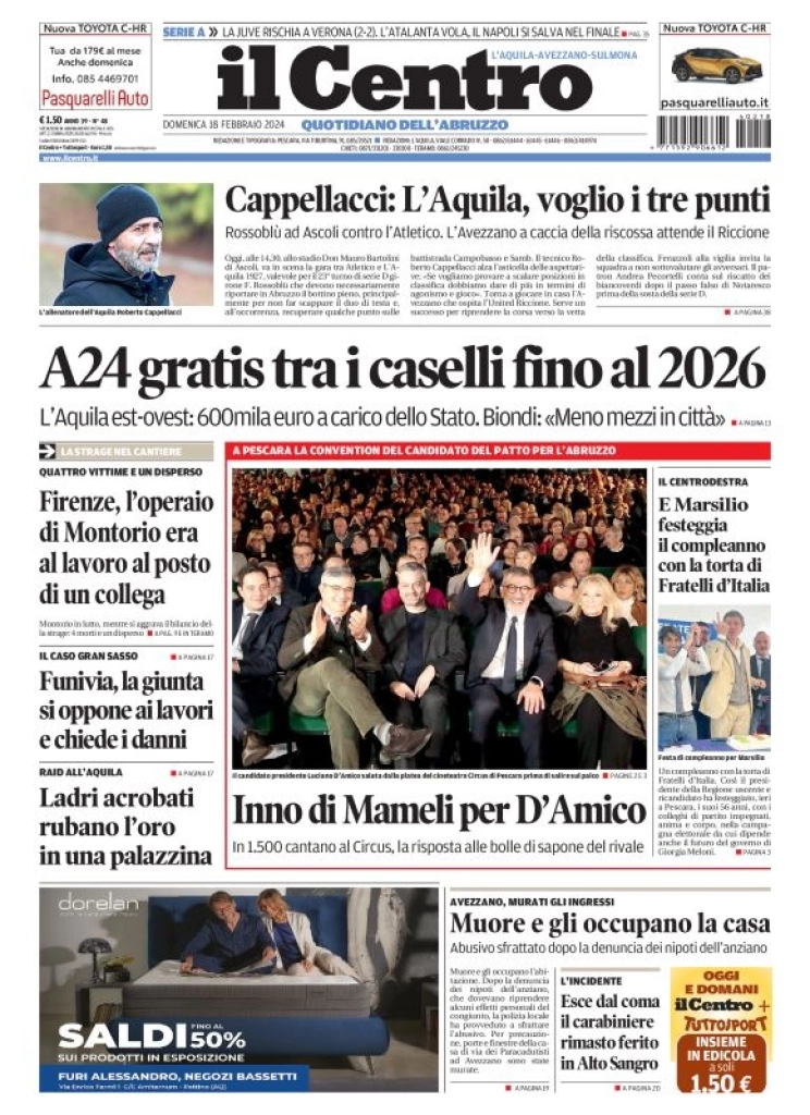 prima pagina - Il Centro (L'Aquila) del 18/02/2024
