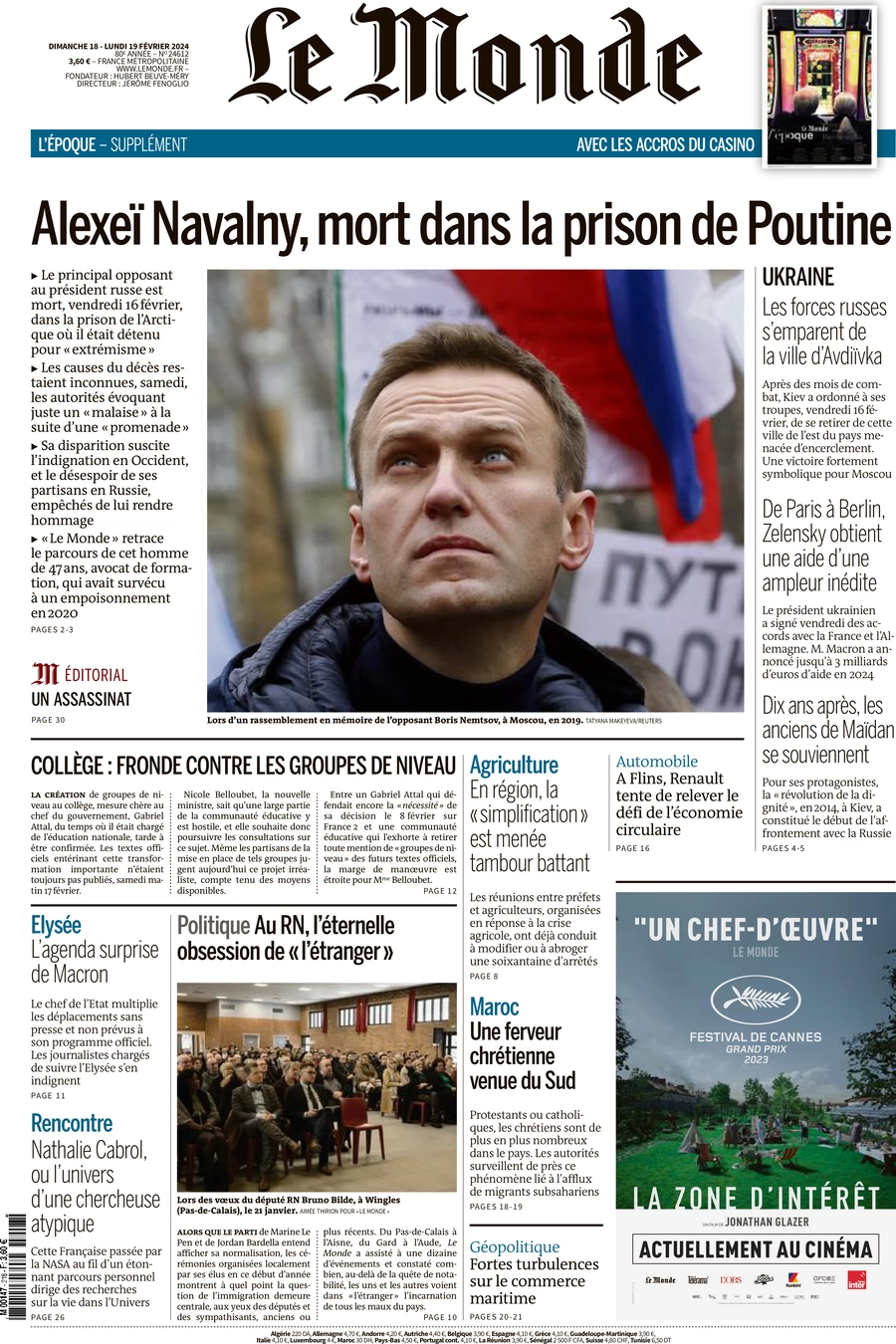 prima pagina - Le Monde del 18/02/2024