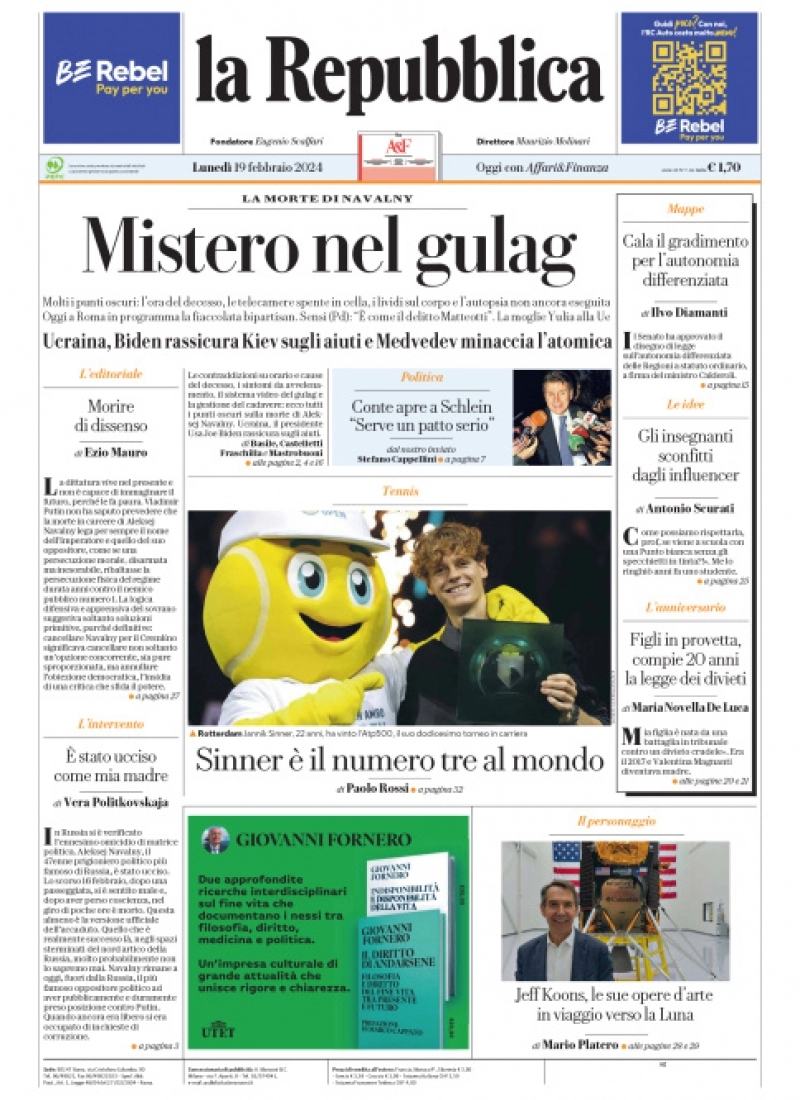 prima pagina - La Repubblica del 18/02/2024