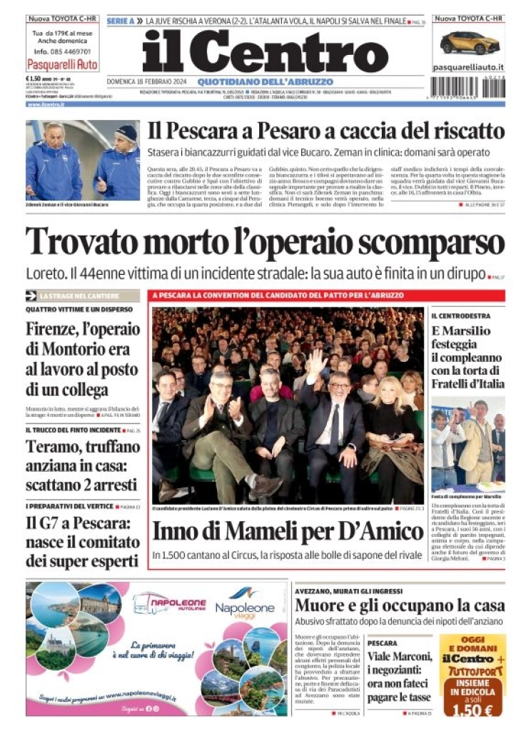 prima pagina - Il Centro (Pescara) del 18/02/2024
