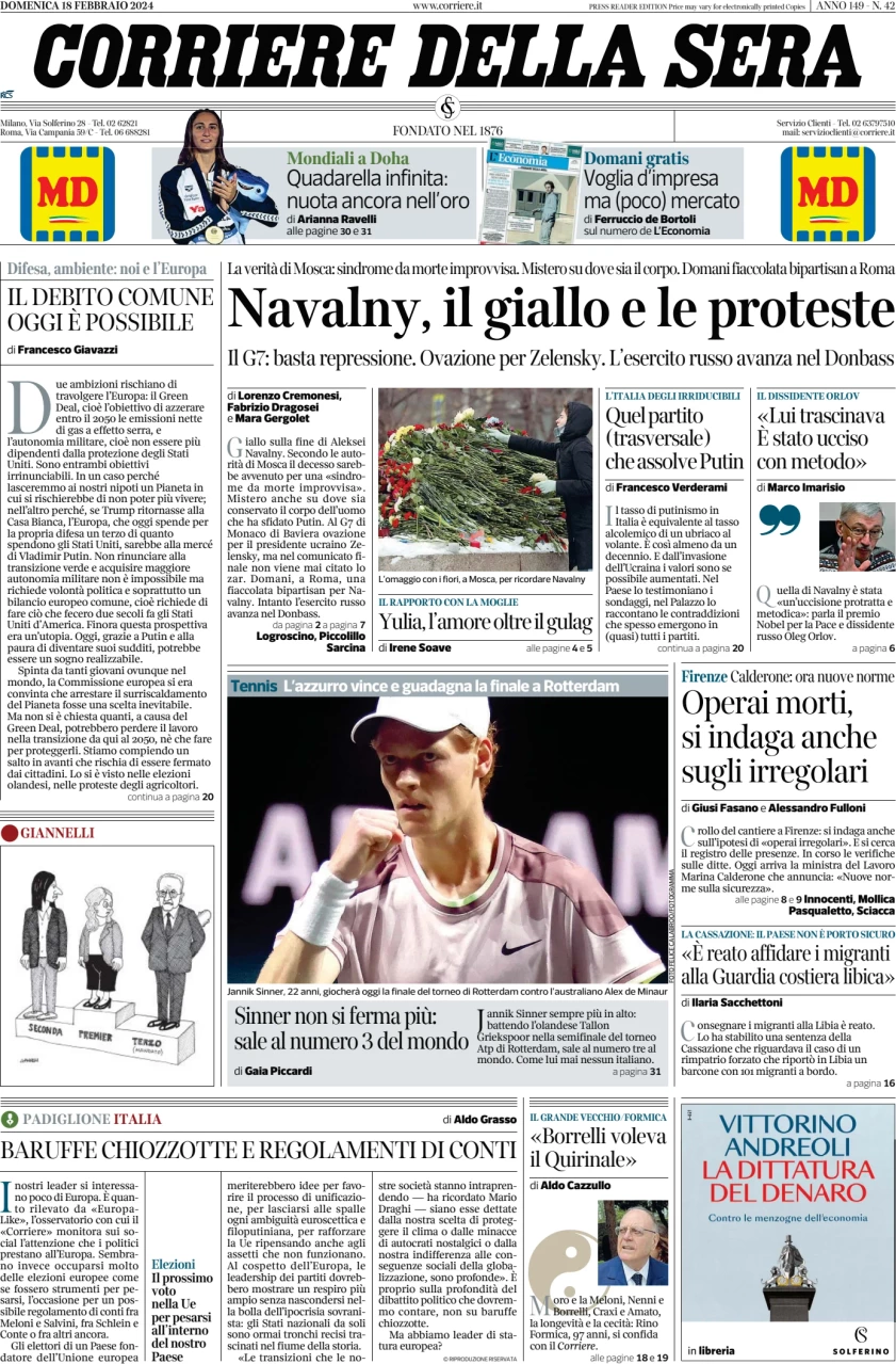 prima pagina - Corriere della Sera del 18/02/2024