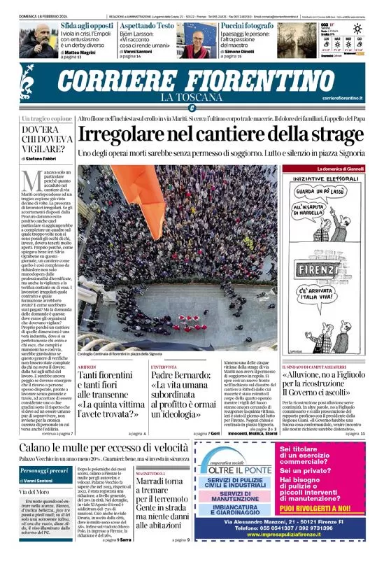 anteprima della prima pagina di corriere-fiorentino del 18/02/2024
