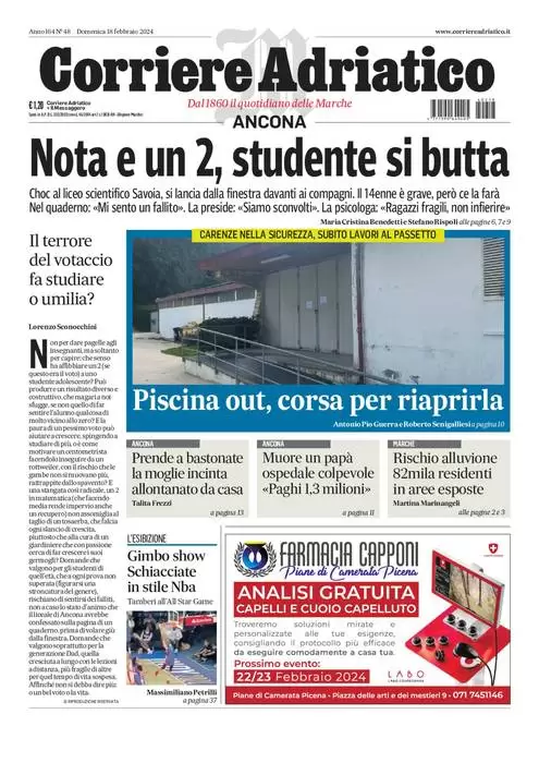 anteprima della prima pagina di corriere-adriatico-ancona del 18/02/2024