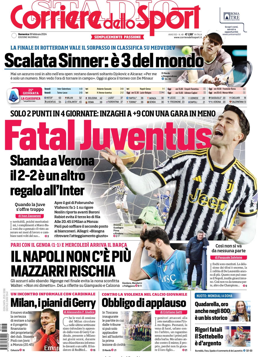 prima pagina - Corriere dello Sport del 18/02/2024