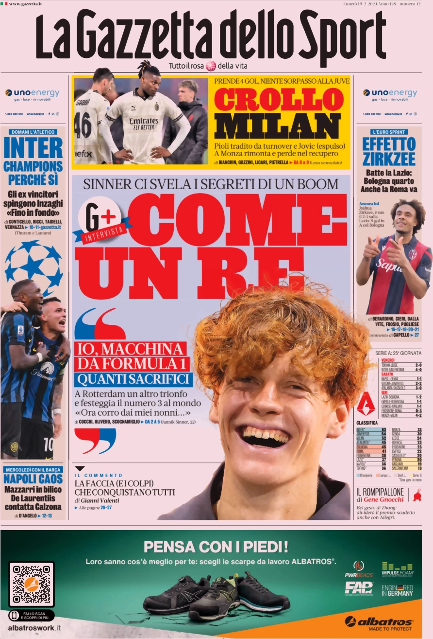 prima pagina - La Gazzetta dello Sport del 19/02/2024