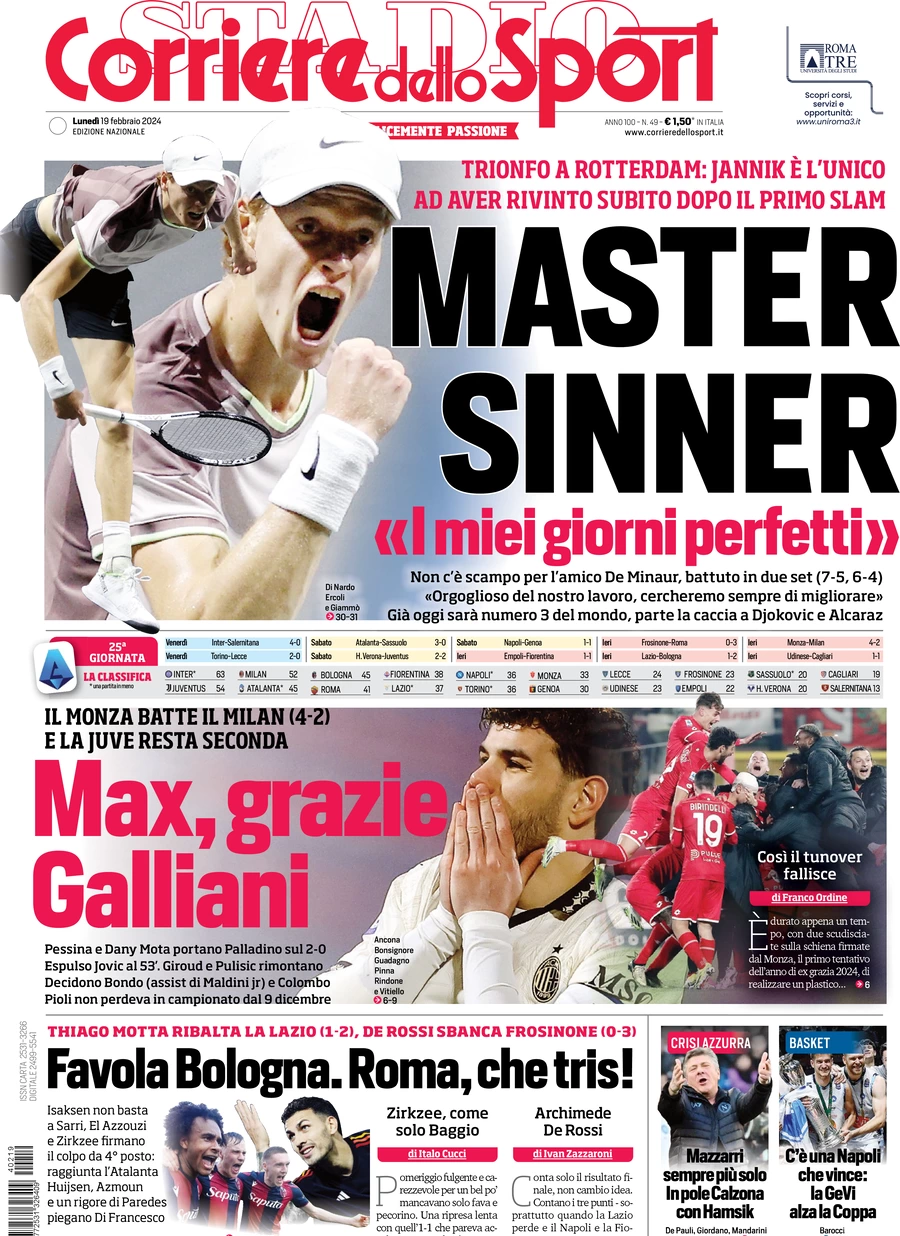 prima pagina - Corriere dello Sport del 19/02/2024