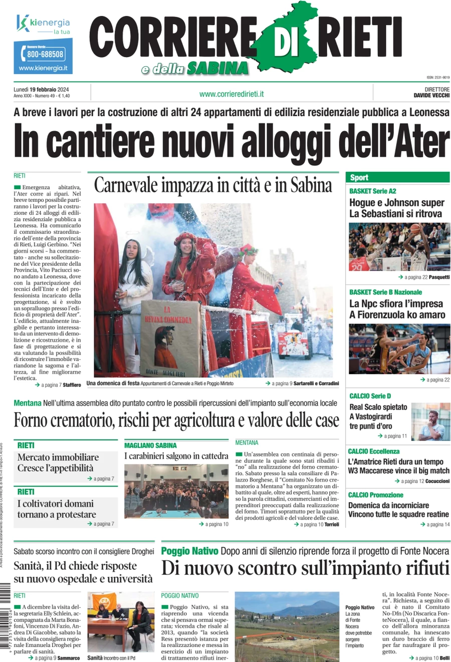 anteprima della prima pagina di corriere-di-rieti-e-della-sabina del 19/02/2024