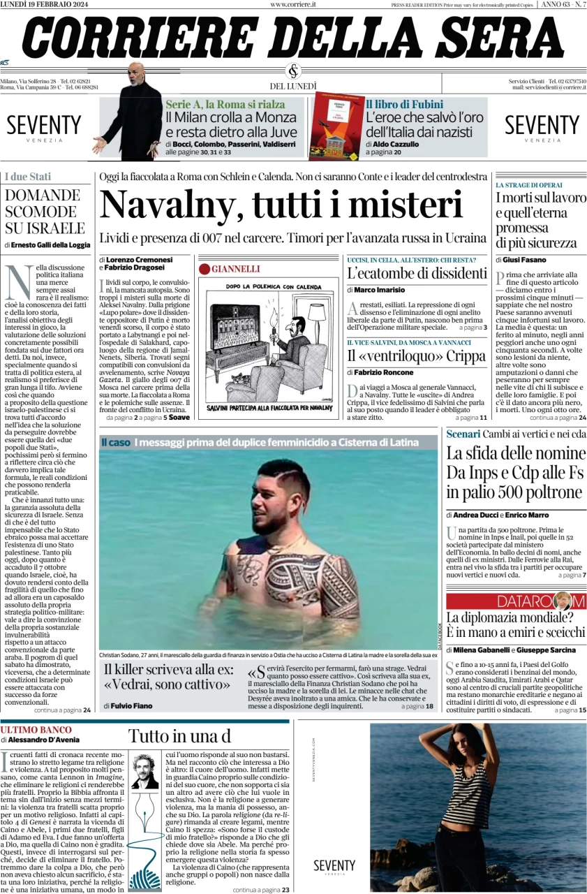 prima pagina - Corriere della Sera del 19/02/2024