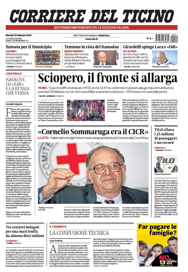 prima pagina - Corriere del Ticino del 19/02/2024