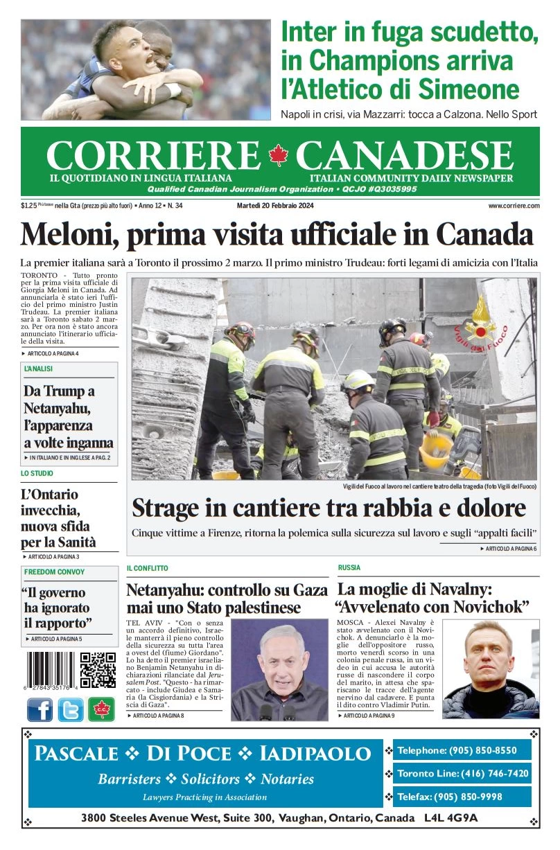 prima pagina - Corriere Canadese del 19/02/2024