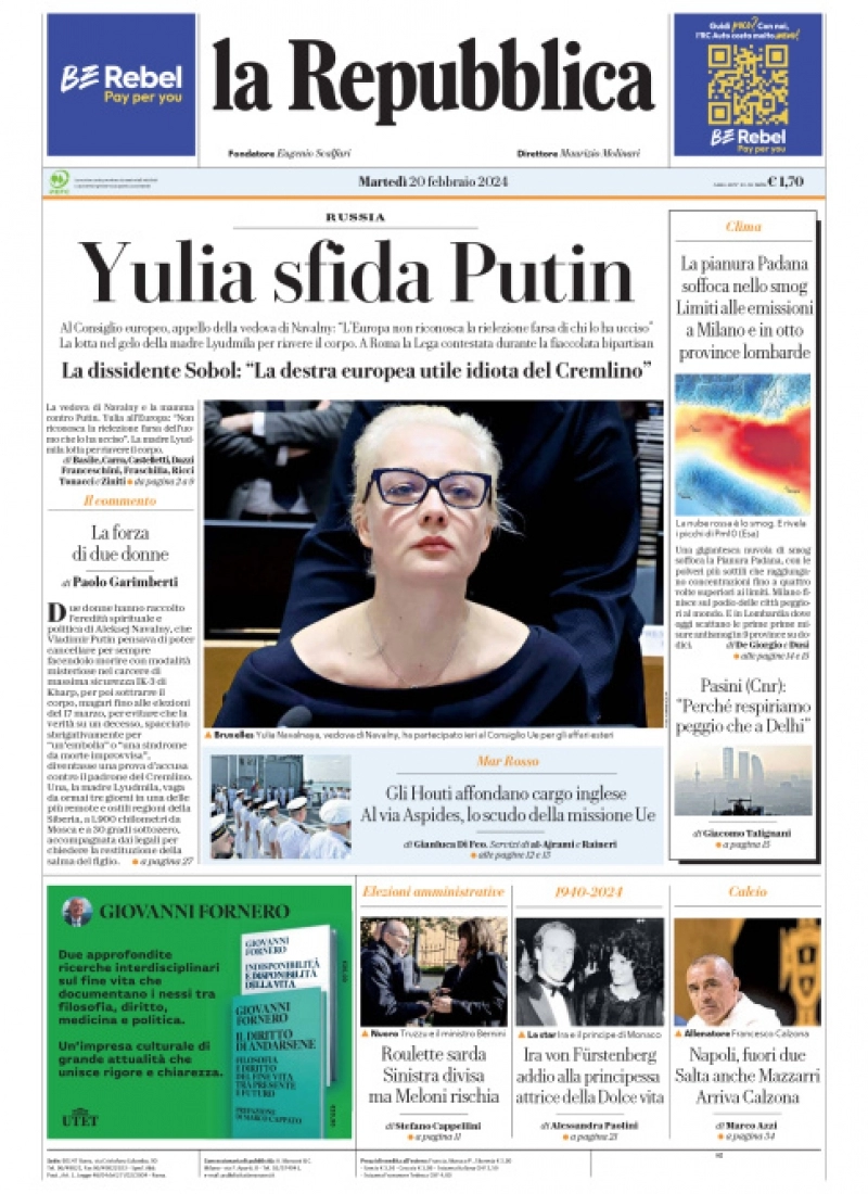 prima pagina - La Repubblica del 19/02/2024