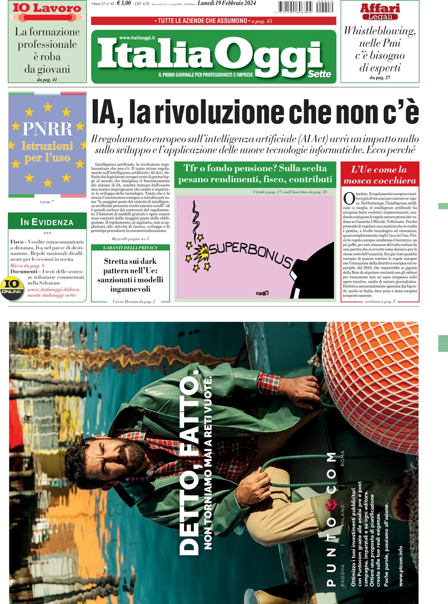 prima pagina - ItaliaOggi del 19/02/2024