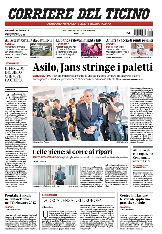 prima pagina - Corriere del Ticino del 20/02/2024