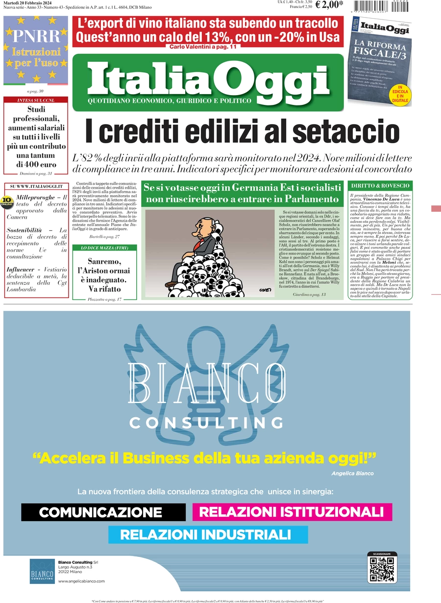 anteprima della prima pagina di italiaoggi del 20/02/2024