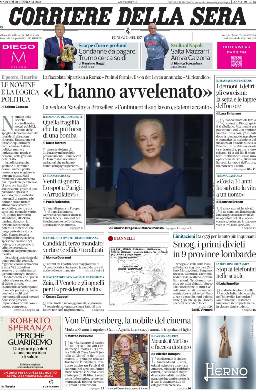 prima pagina - Corriere della Sera del 20/02/2024