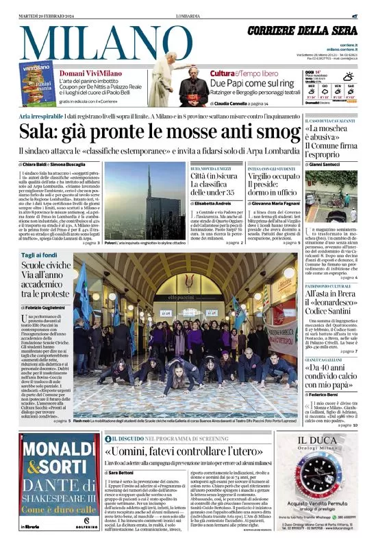 anteprima della prima pagina di corriere-della-sera-milano del 20/02/2024