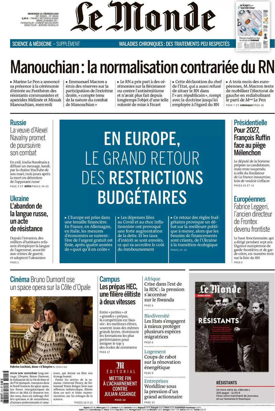 prima pagina - Le Monde del 20/02/2024