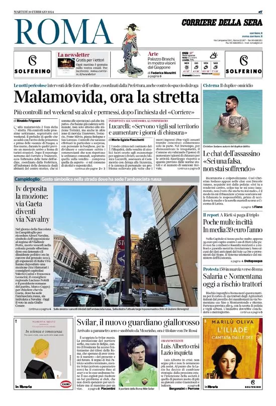 anteprima della prima pagina di corriere-della-sera-roma del 20/02/2024