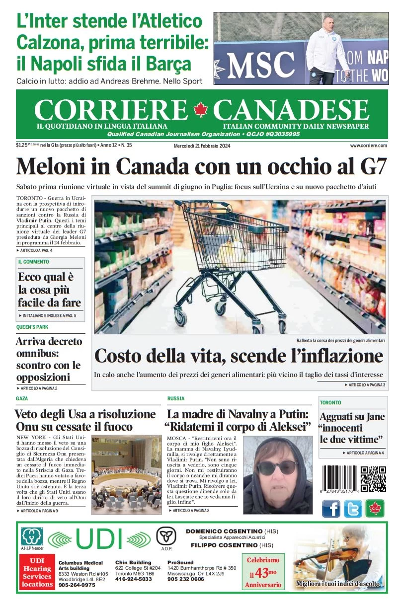 prima pagina - Corriere Canadese del 20/02/2024